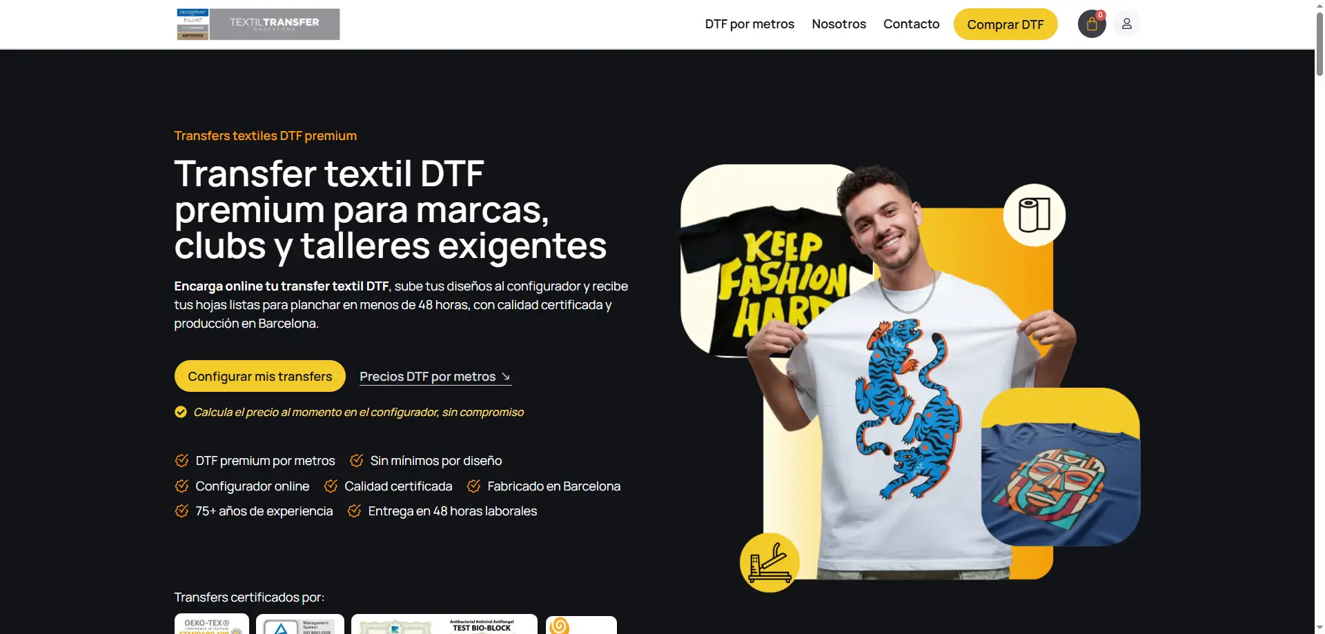 Textiltransfer · Tienda WooCommerce con personalizador de DTF a metros integrado
