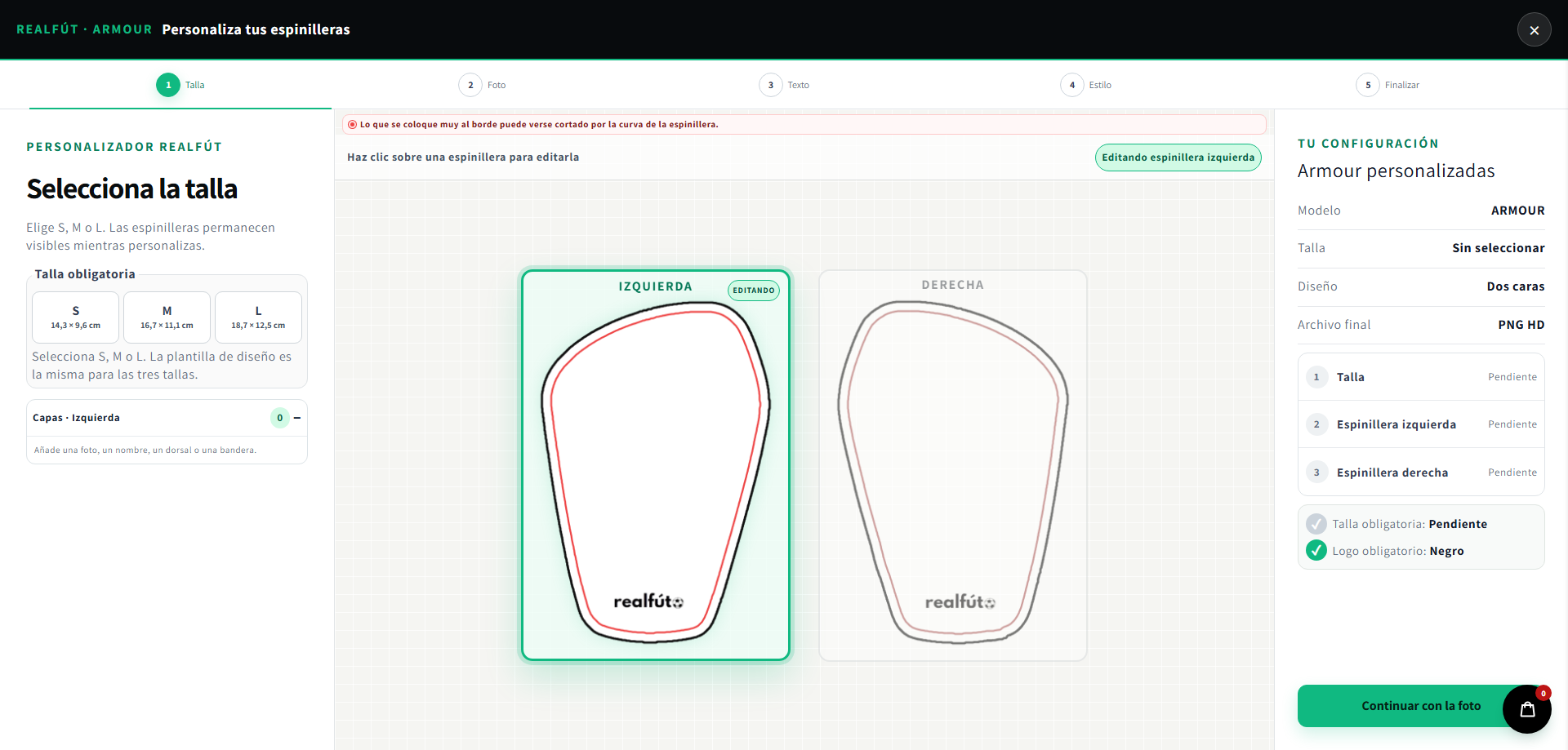 Personalizador de espinilleras de Realfut dentro de Shopify, con capas de color, diseño, número y nombre